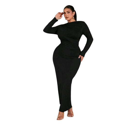 SHE fekete ráncolt, hosszú ujjú maxi ruha