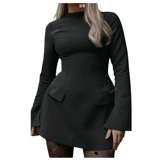 SHE fekete magas nyakú, bő ujjú mini ruha