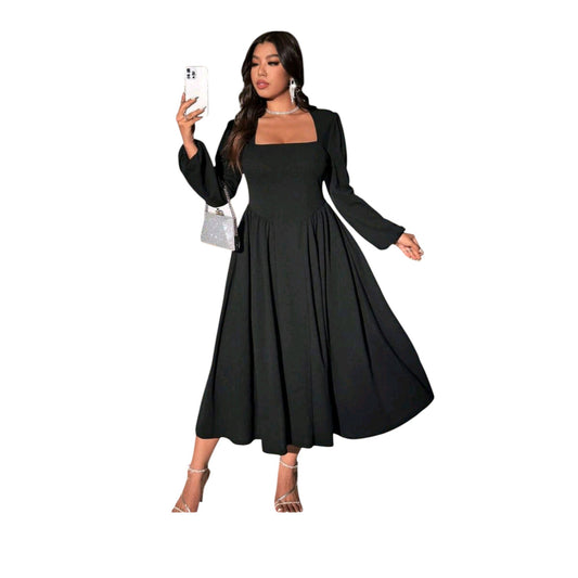 SHE fekete szögletes nyakú, hosszú ujjú midi ruha