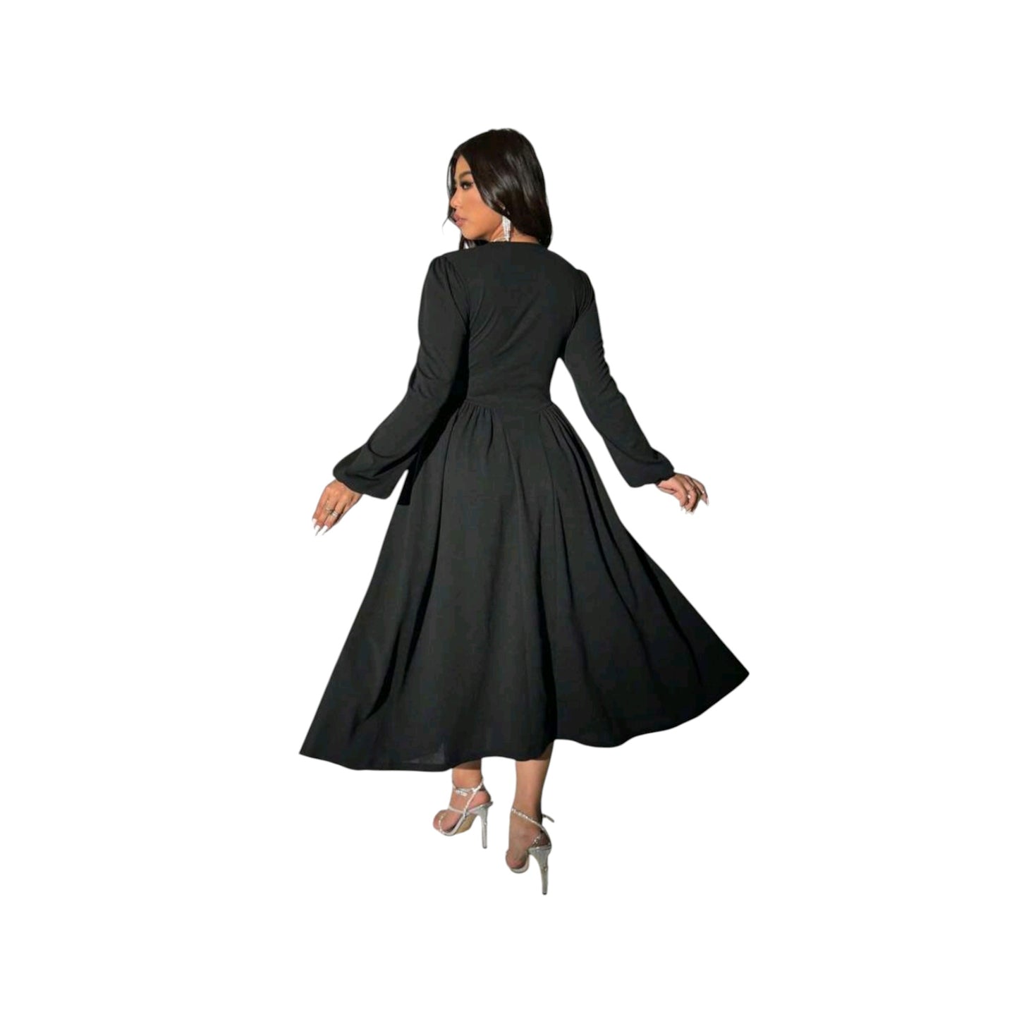 SHE fekete szögletes nyakú, hosszú ujjú midi ruha