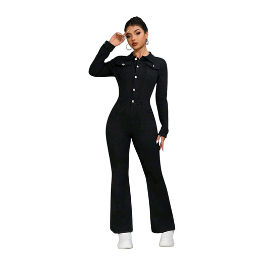 SHE fekete farmer jumpsuit bő szárral