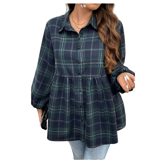 SHE sötétkék és zöld kockás, fodros szegélyű ingruha