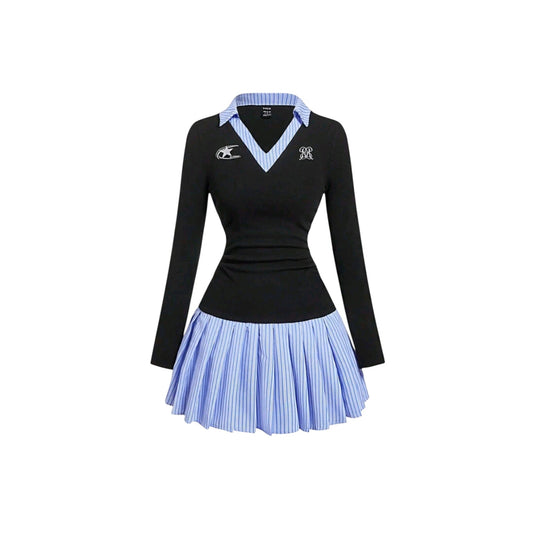 SHE fekete és kék csíkos, galléros kötött ruha