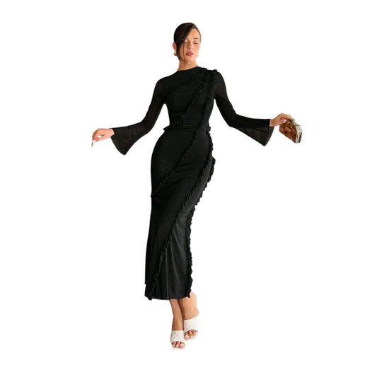 SHE fekete fodros, hosszú ujjú maxi ruha