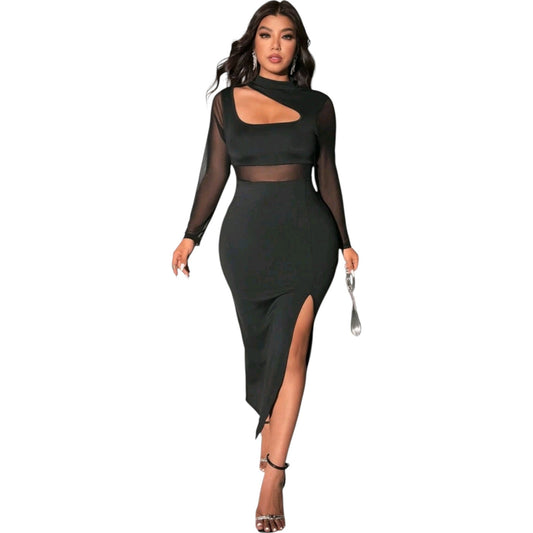 SHE fekete hosszú ujjú hasítékos maxi ruha