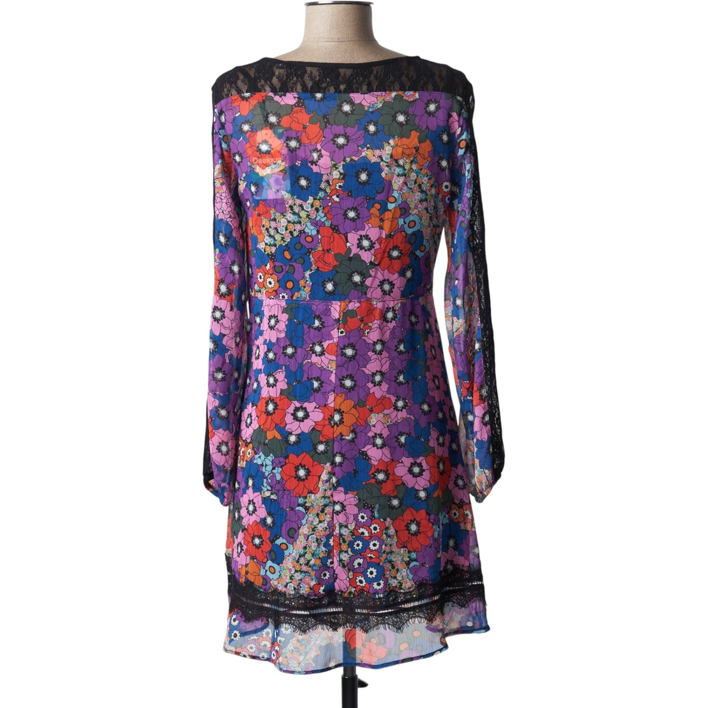 DESIGUAL sokszínű virágmintás csipkés mini ruha