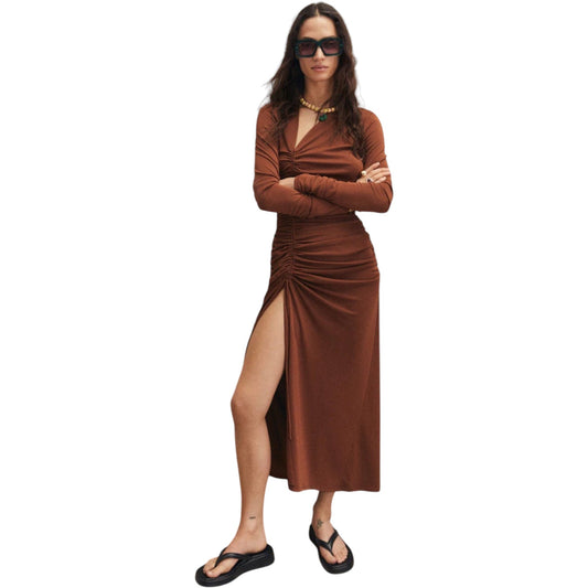 MANGO barna húzott V-nyakú maxi ruha