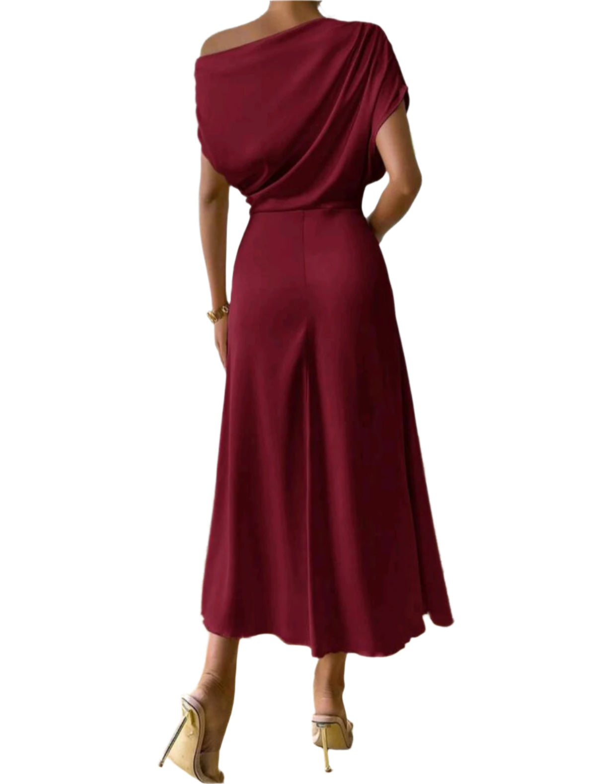 SHE bordó ejtett vállú elegáns midiruha