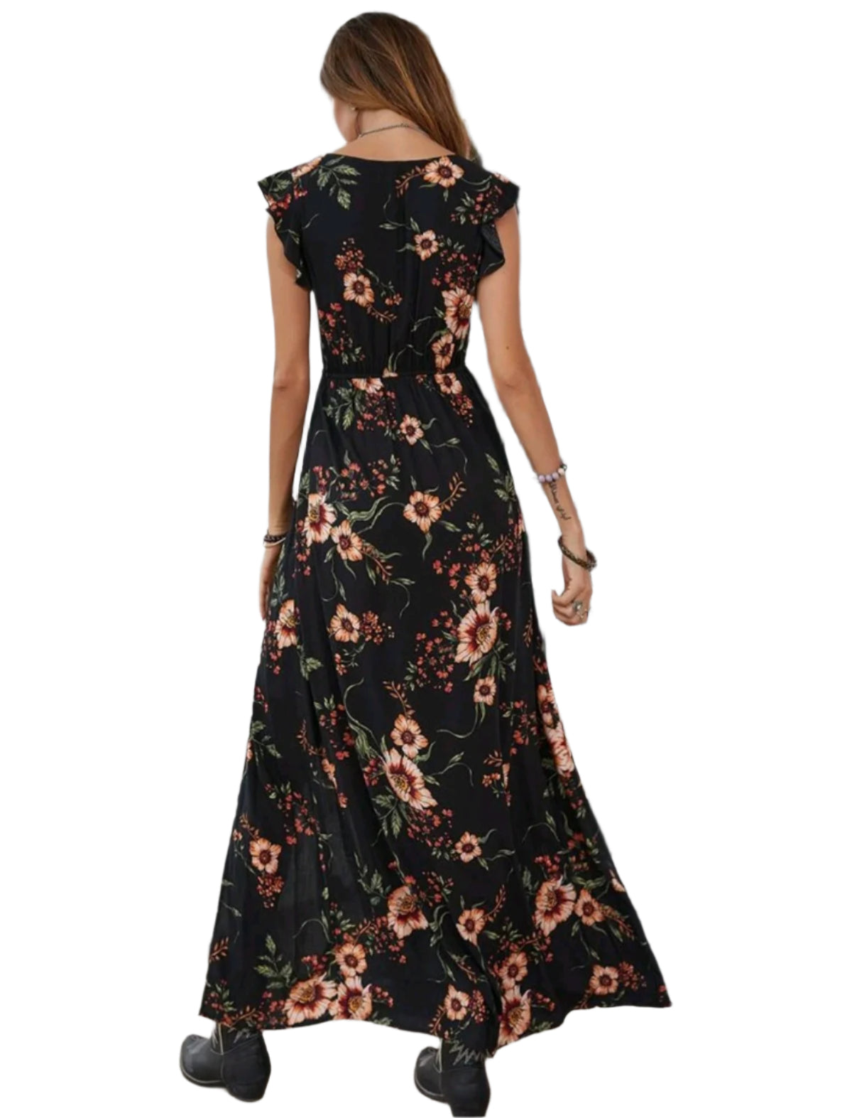 SHE fekete virágmintás hasítékkal díszített maxiruha