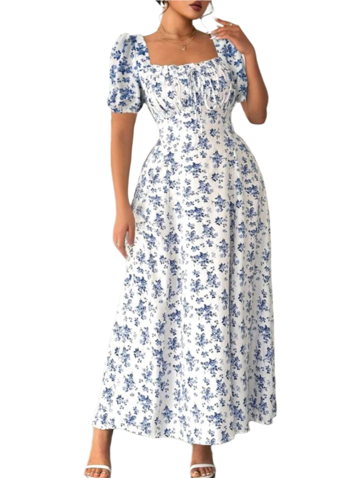 SHE fehér virágmintás puffos ujjú ruha