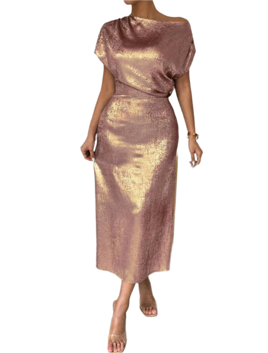 SHE fényes arany-rózsaszín elegáns midi ruha