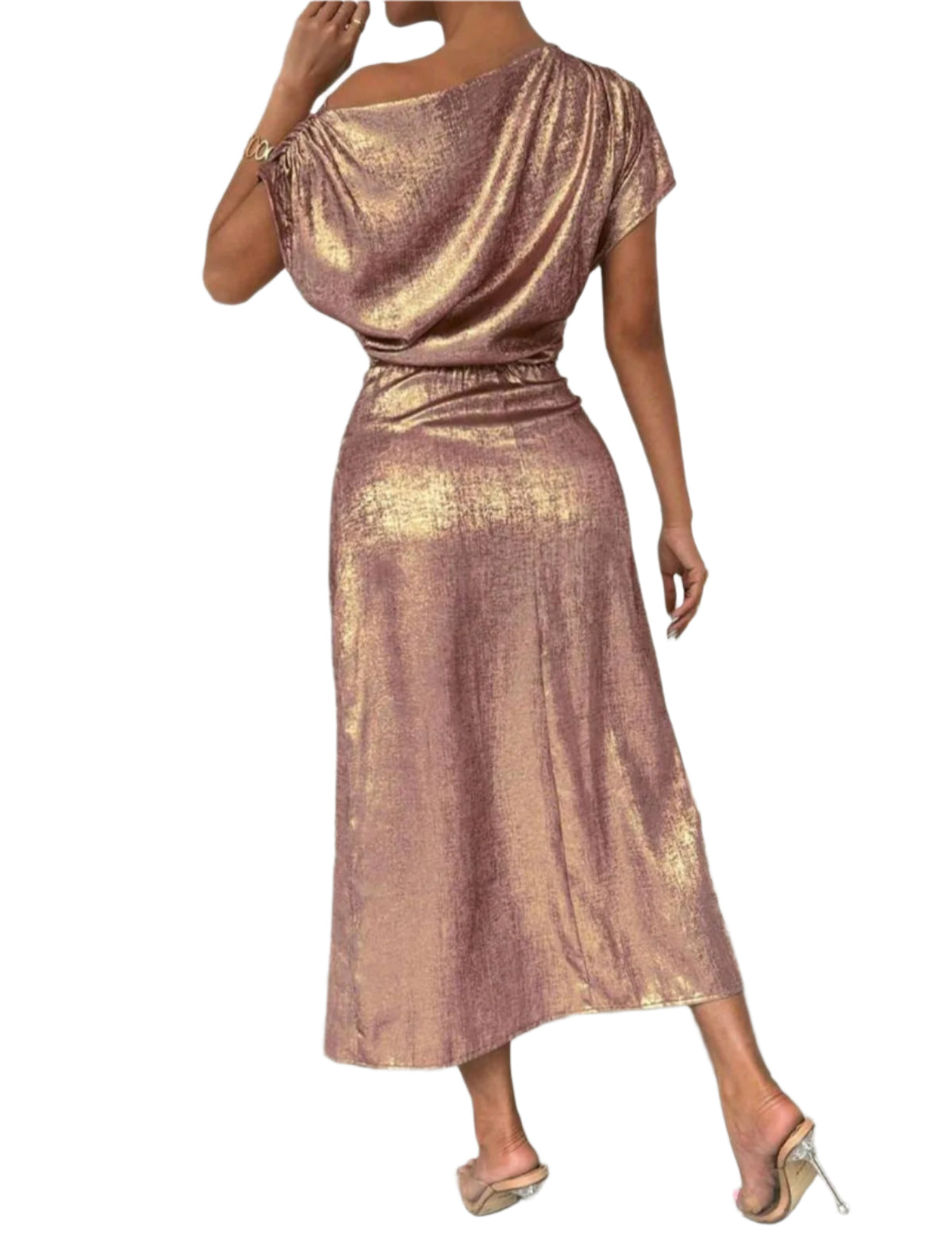 SHE fényes arany-rózsaszín elegáns midi ruha