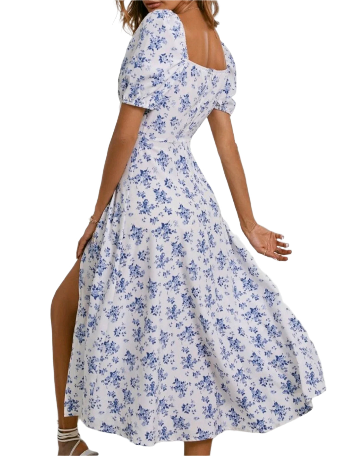 SHE fehér kék virágmintás felsliccelt nyári ruha