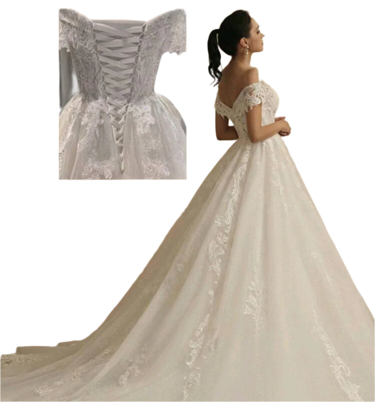 SHE fehér csipkés off-shoulder menyasszonyi ruha