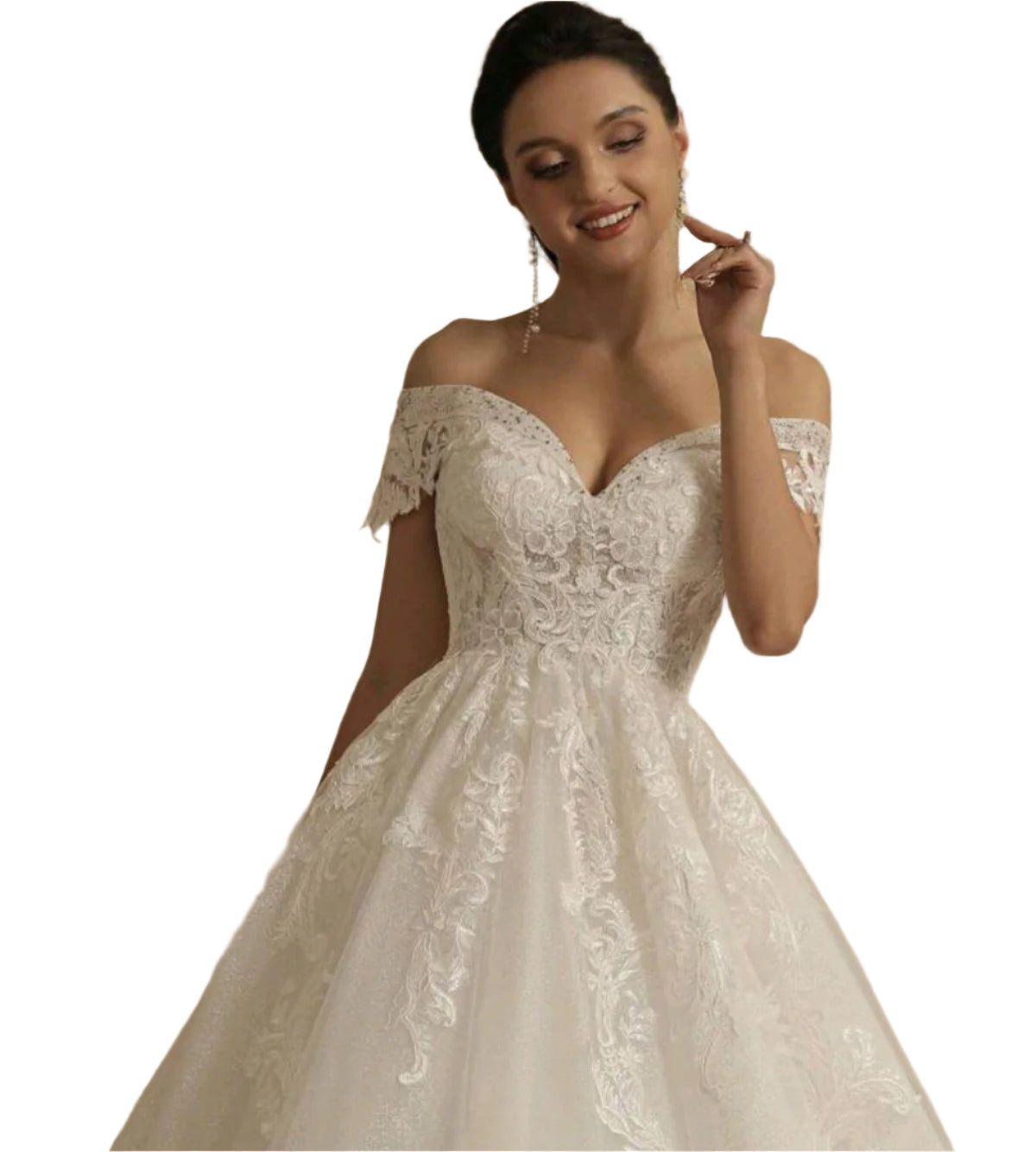 SHE fehér csipkés off-shoulder menyasszonyi ruha