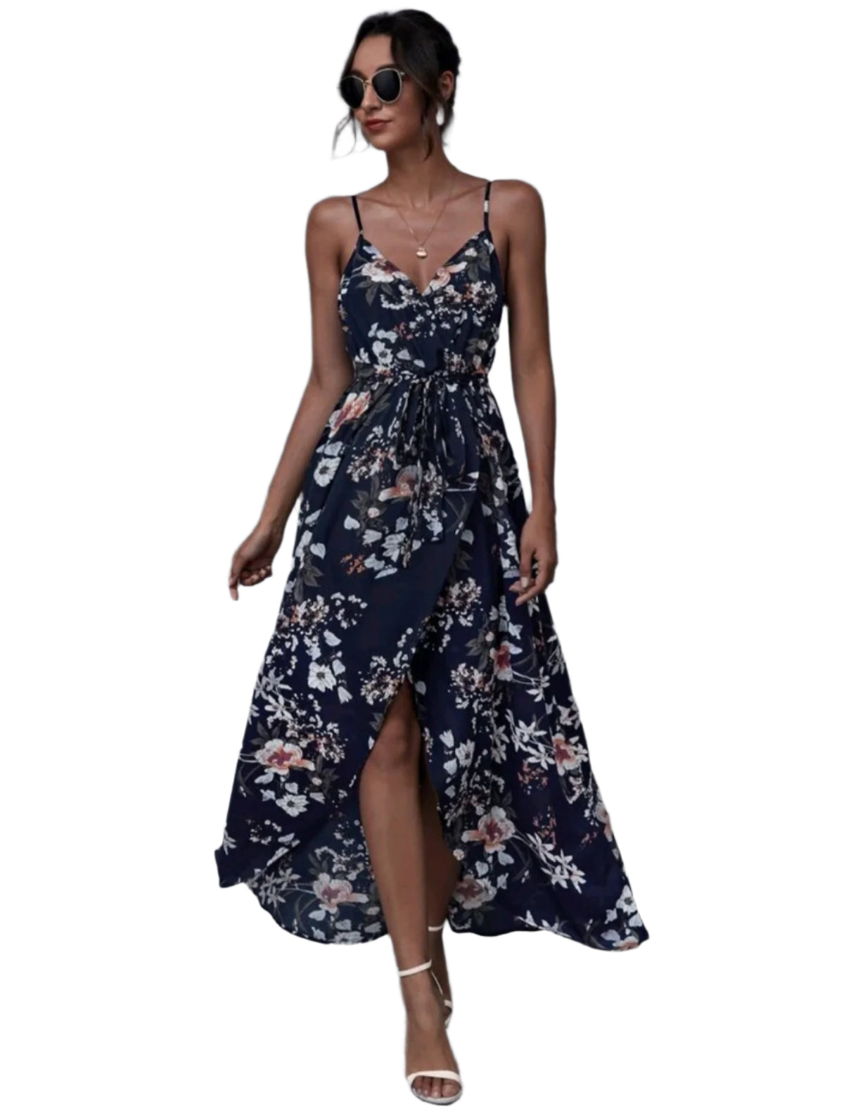 SHE sötétkék virágmintás aszimmetrikus ruha