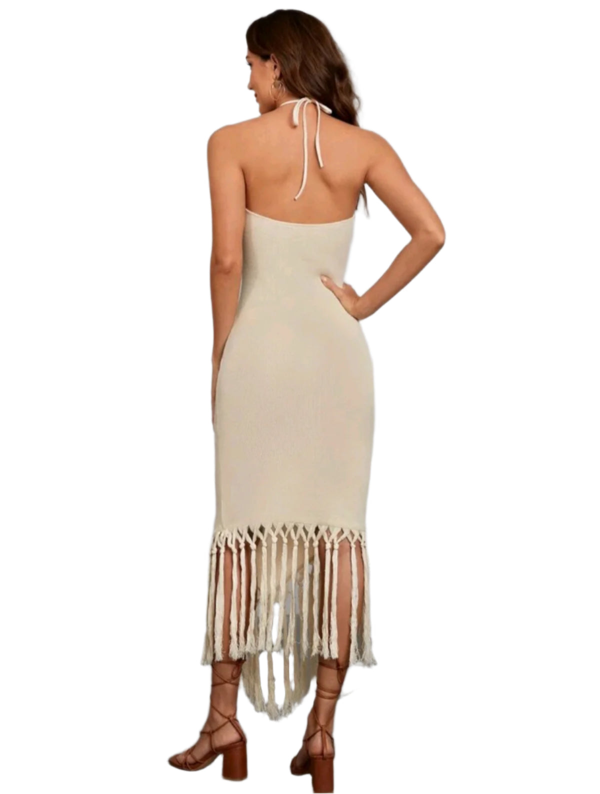 SHE krémszínű boho rojtos midi ruha