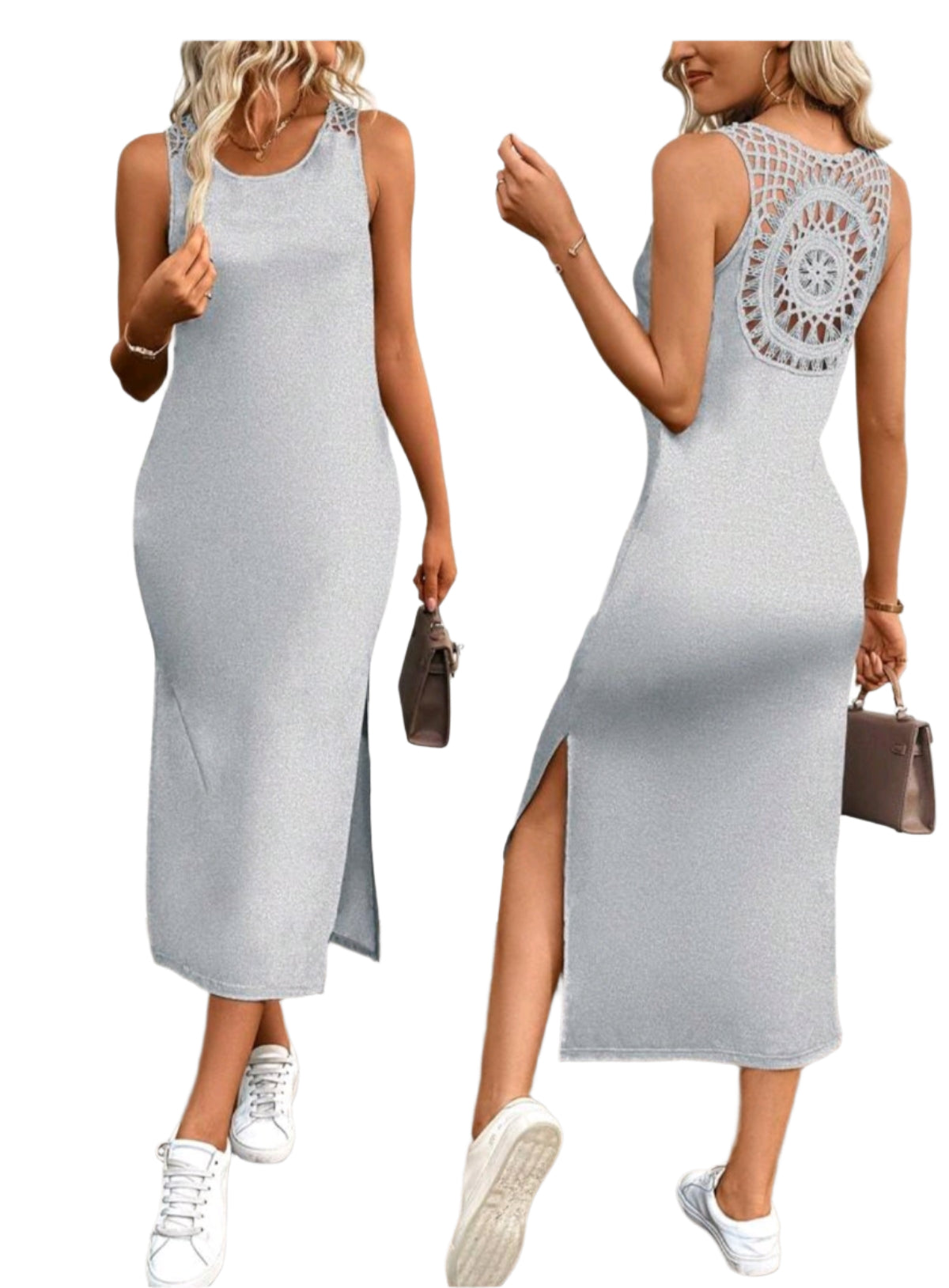 SHE világosszürke horgolt hátú midi ruha