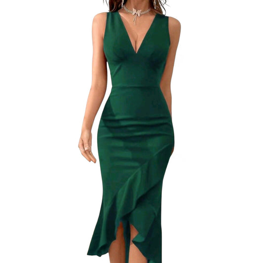 SHE sötétzöld fodros midi ruha