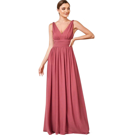 SHE rózsaszín V-nyakú hosszú alkalmi ruha