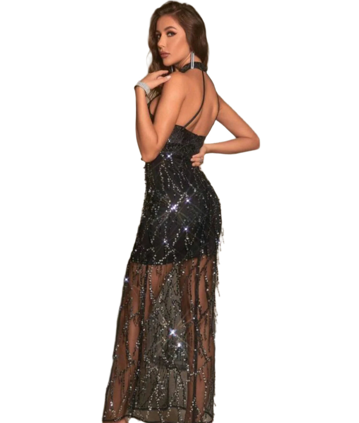 SHE fekete flitteres hálós estélyi ruha