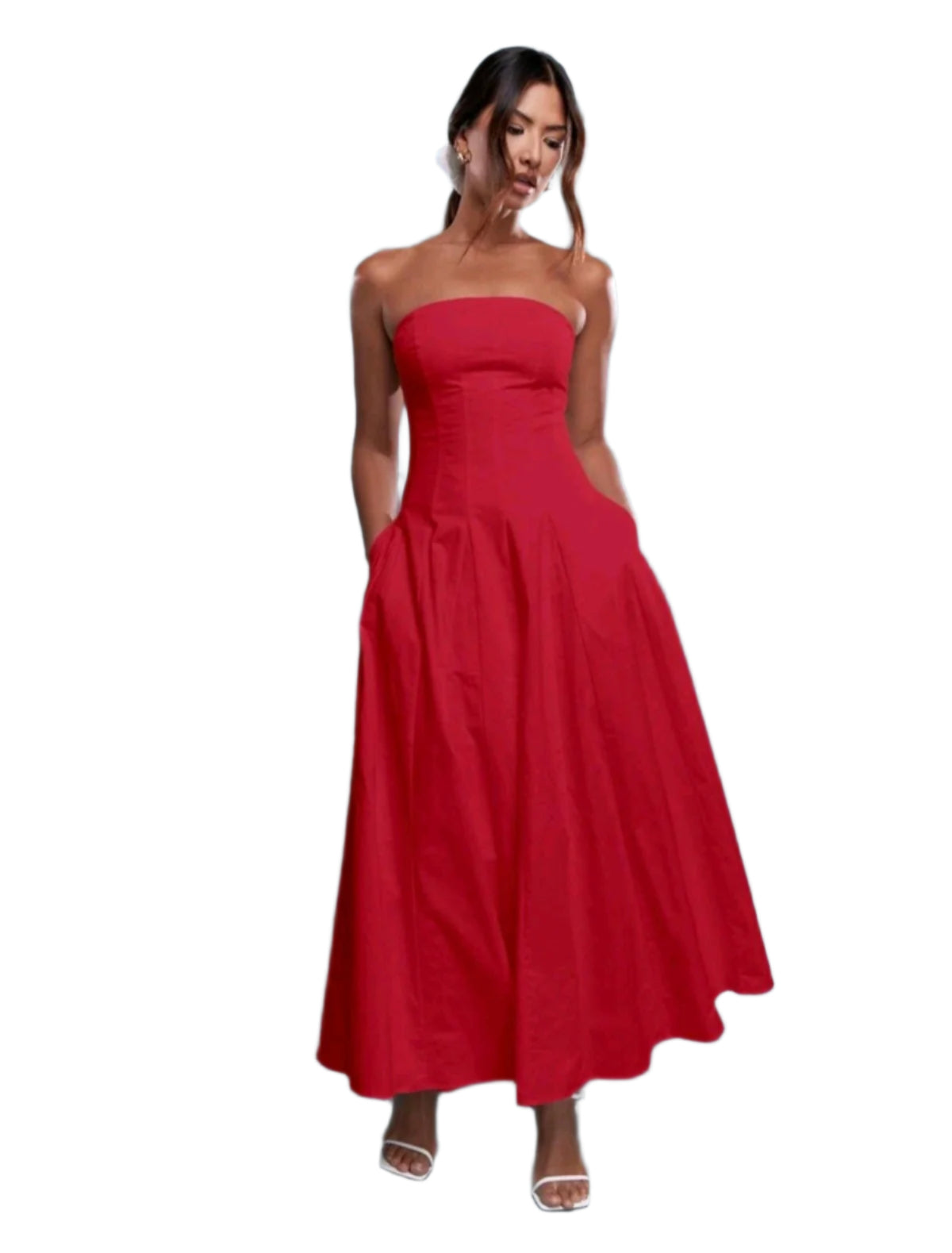 SHE piros pánt nélküli elegáns maxi ruha