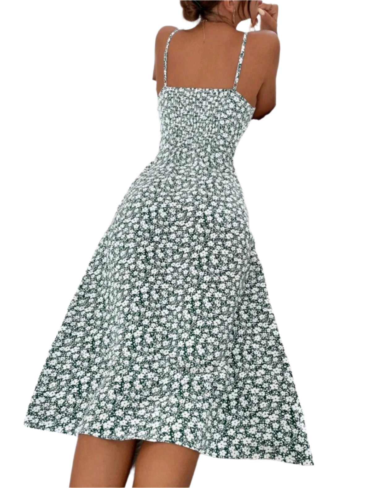 SHE zöld virágmintás pántos midiruha