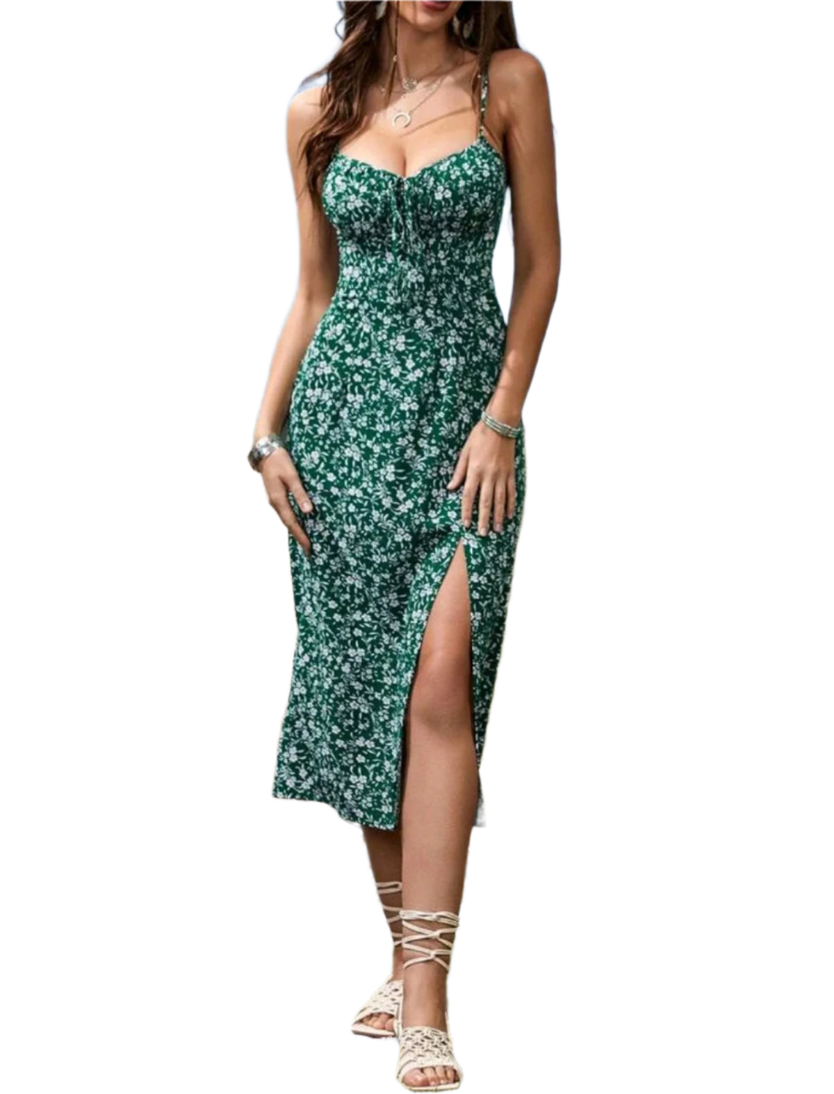 SHE zöld karcsúsított virágmintás midiruha