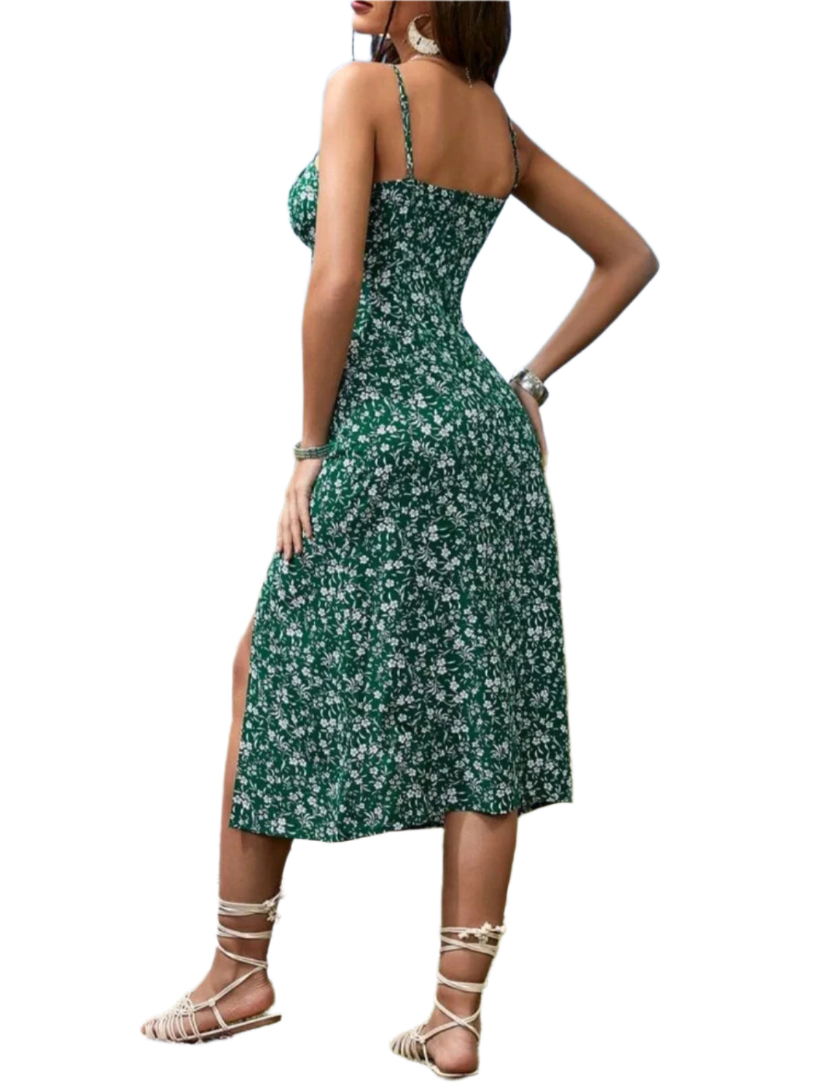 SHE zöld karcsúsított virágmintás midiruha