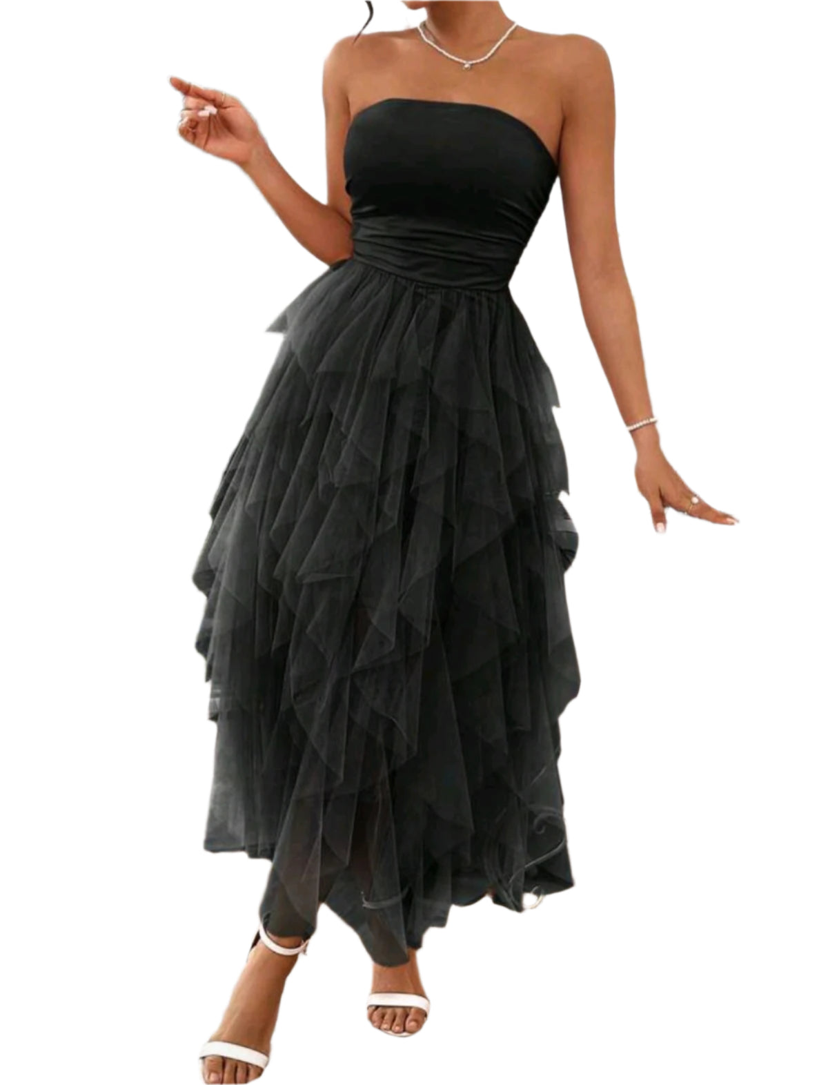 SHE fekete tüllréteges pánt nélküli midiruha