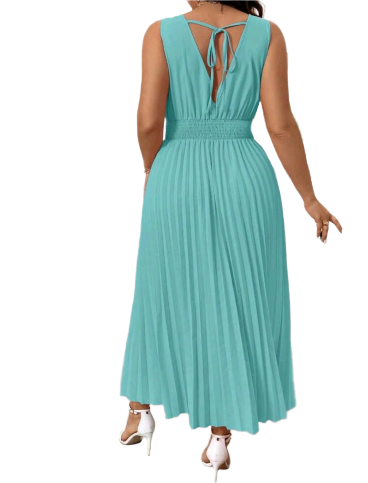 SHE türkiz pliszírozott mélyen dekoltált midiruha