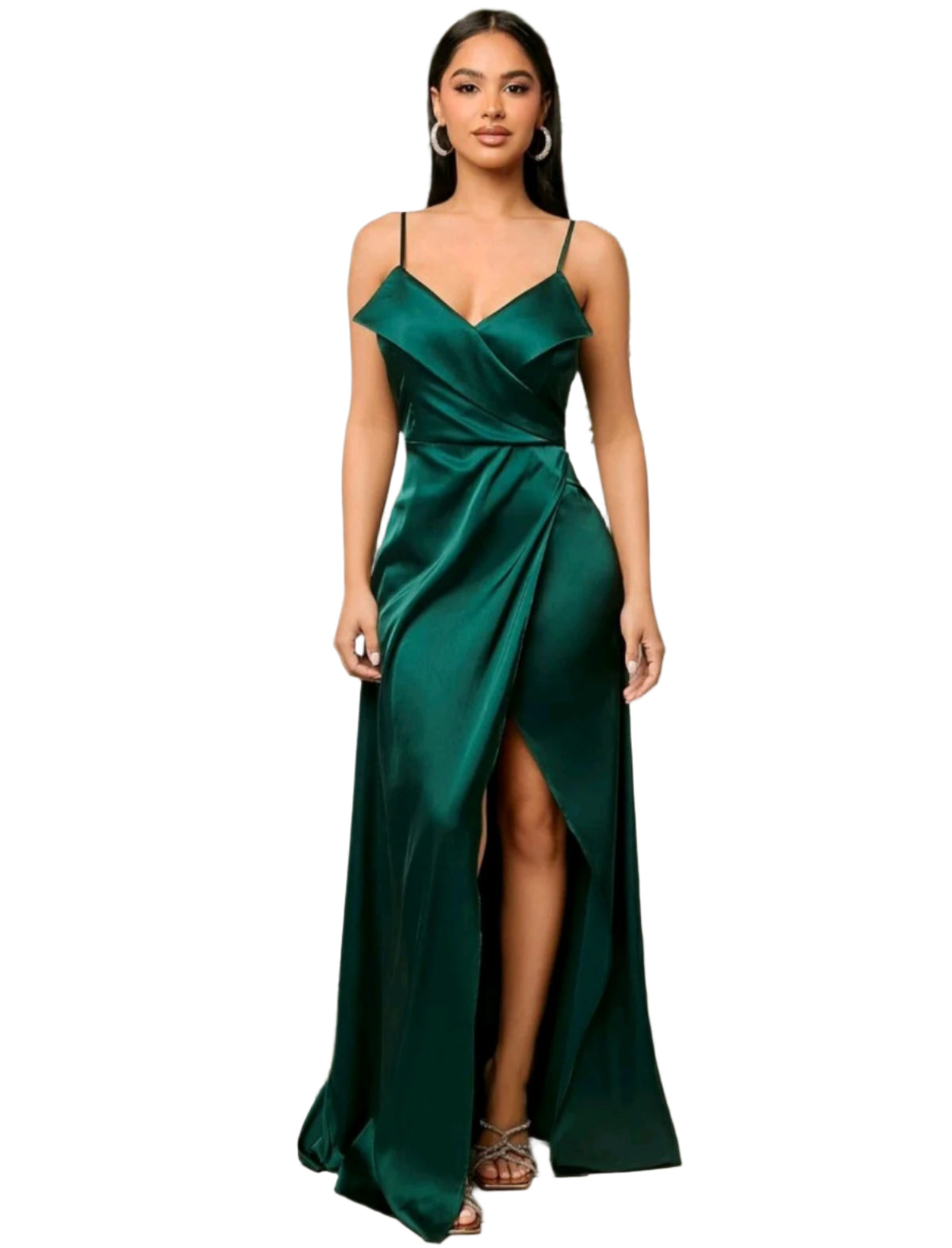 SHE zöld szatén hatású alkalmi maxi ruha