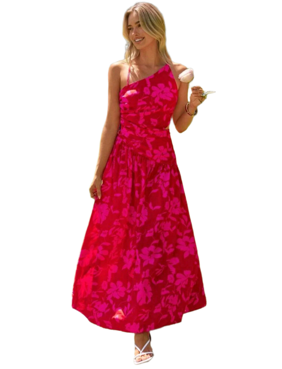 SHE pink aszimmetrikus virágmintás maxi ruha