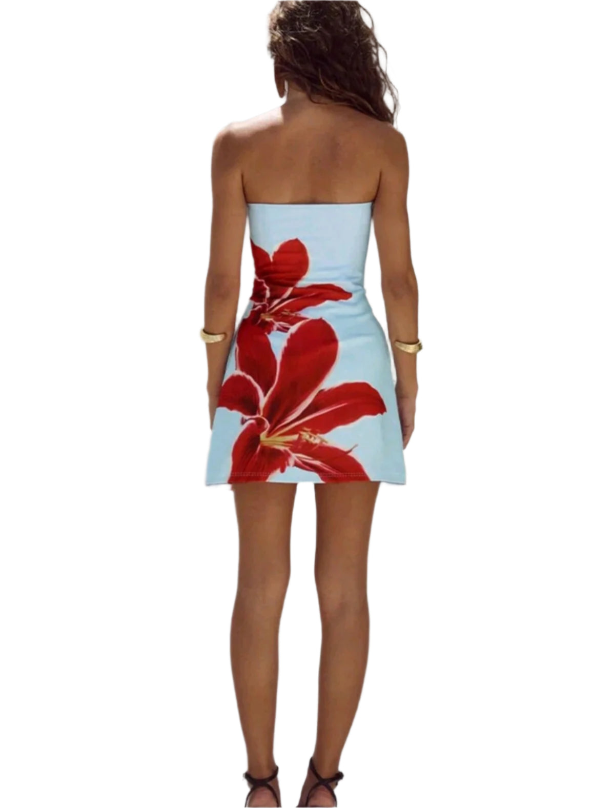 SHE világoskék virágmintás pánt nélküli miniruha