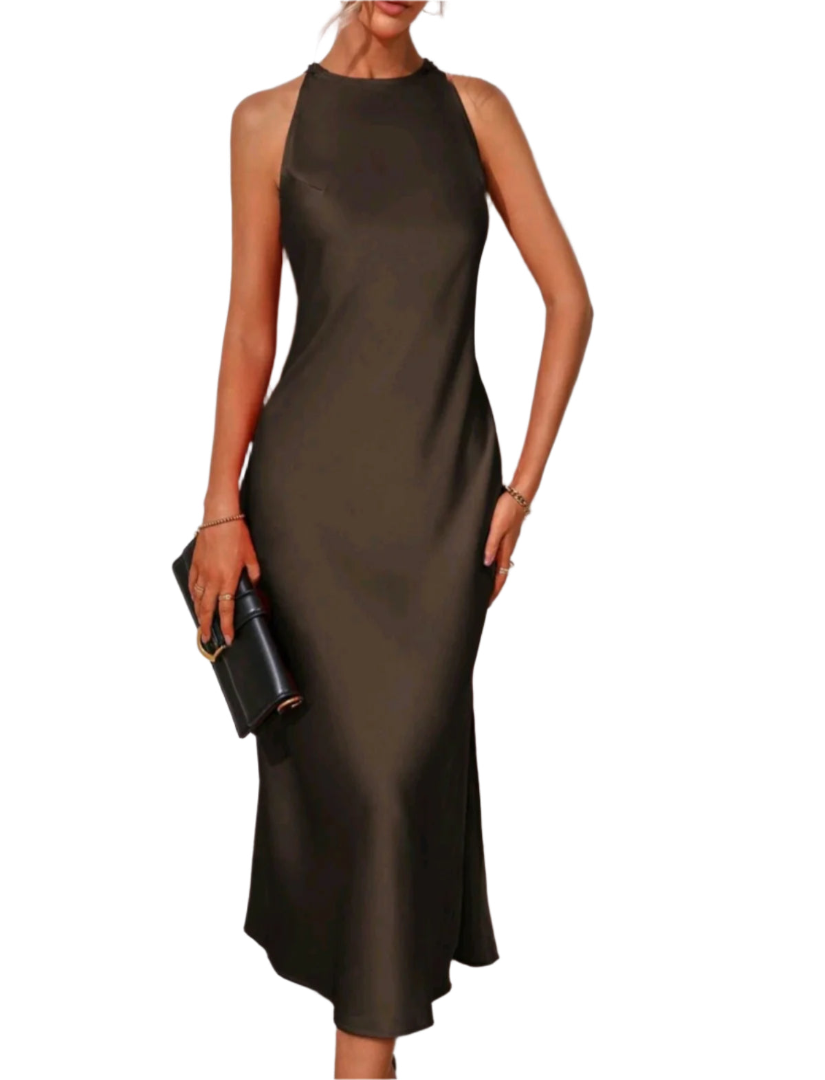 SHE barna elegáns szatén midiruha