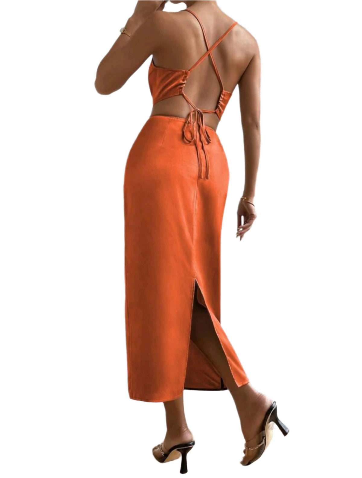 SHE narancssárga selyemhatású midiruha