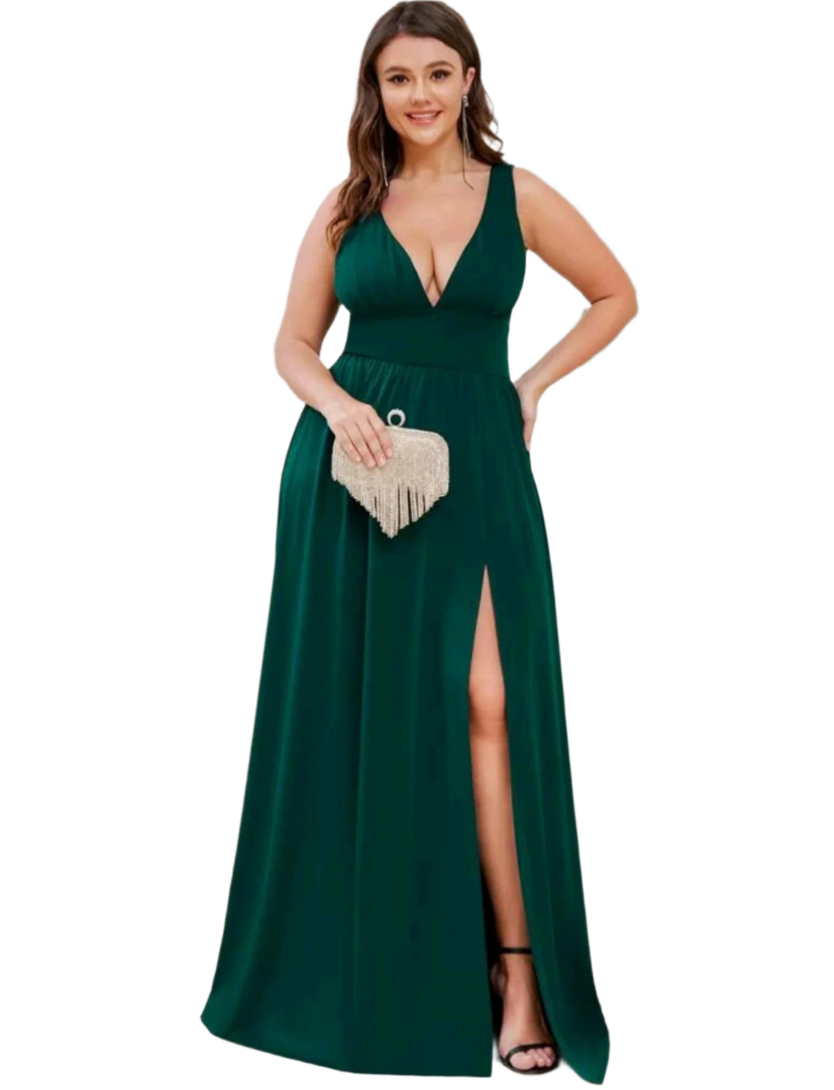 SHE sötétzöld mélyen dekoltált alkalmi maxi ruha