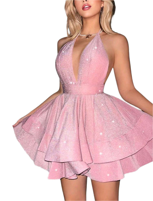 SHE rózsaszín csillogó mélyen dekoltált miniruha