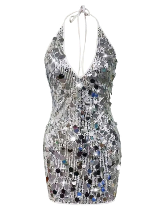 SHE ezüst flitteres mélyen dekoltált mini ruha