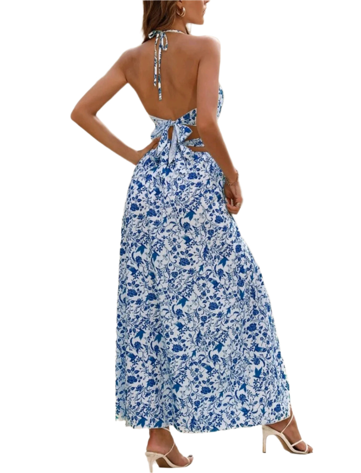 SHE kék virágmintás kivágott maxi ruha