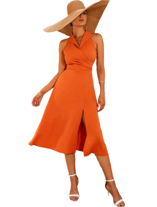 SHE narancssárga galléros ujjatlan midi ruha