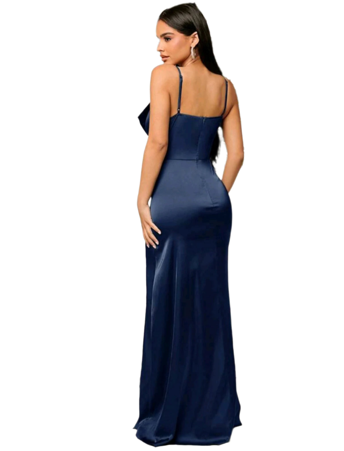 SHE sötétkék szatén hasítékkal díszített maxiruha
