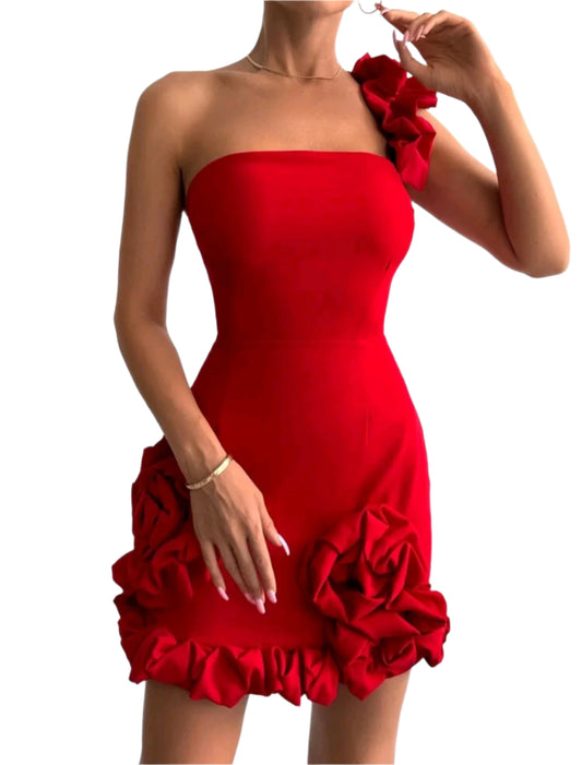 SHE piros aszimmetrikus fodros mini ruha