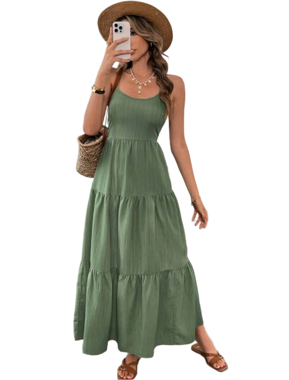 SHE zöld pántos bő szabású maxi ruha