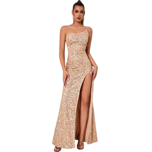 SHE arany flitteres, félvállas hosszú ruha