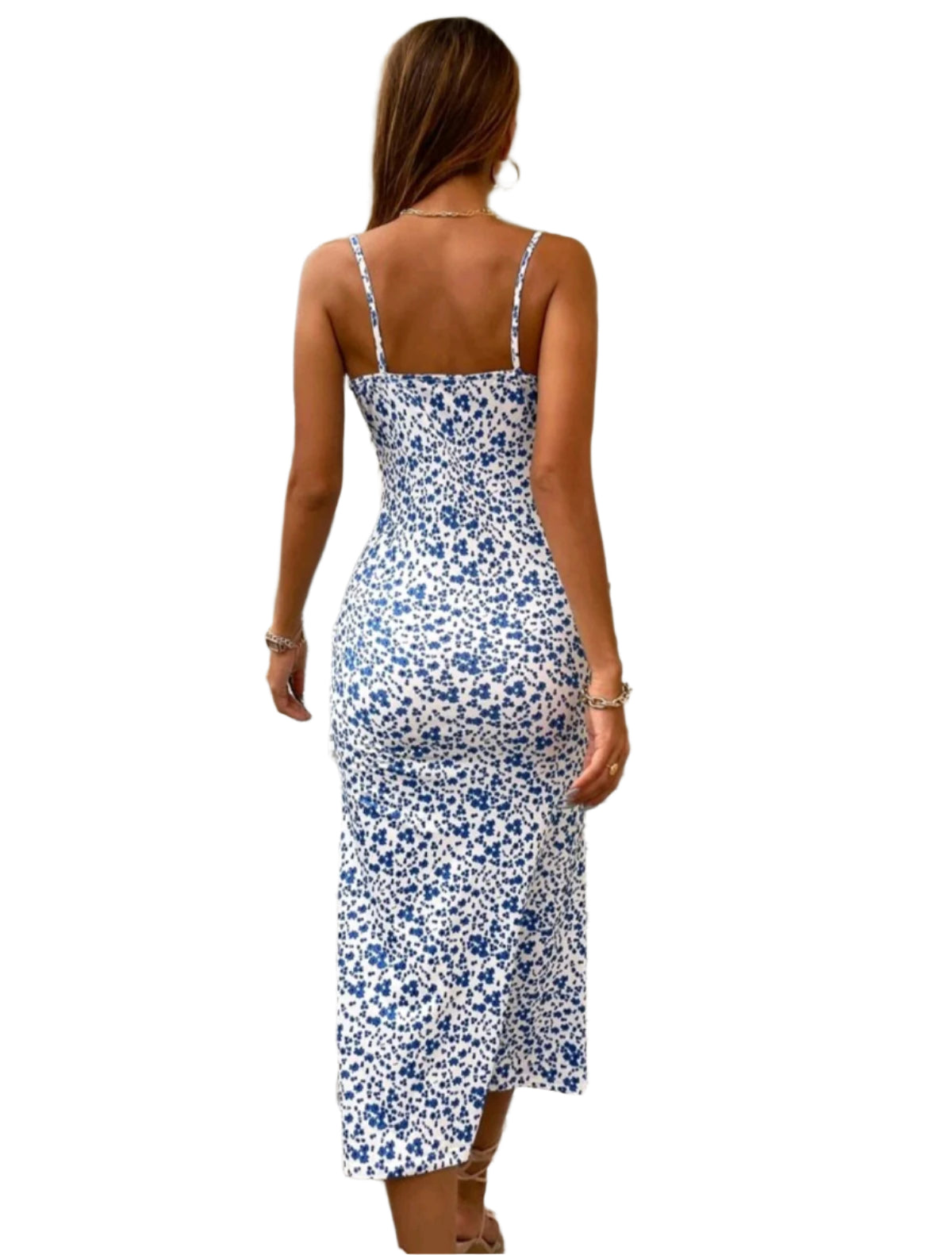 SHE fehér kék virágmintás szűkített midiruha