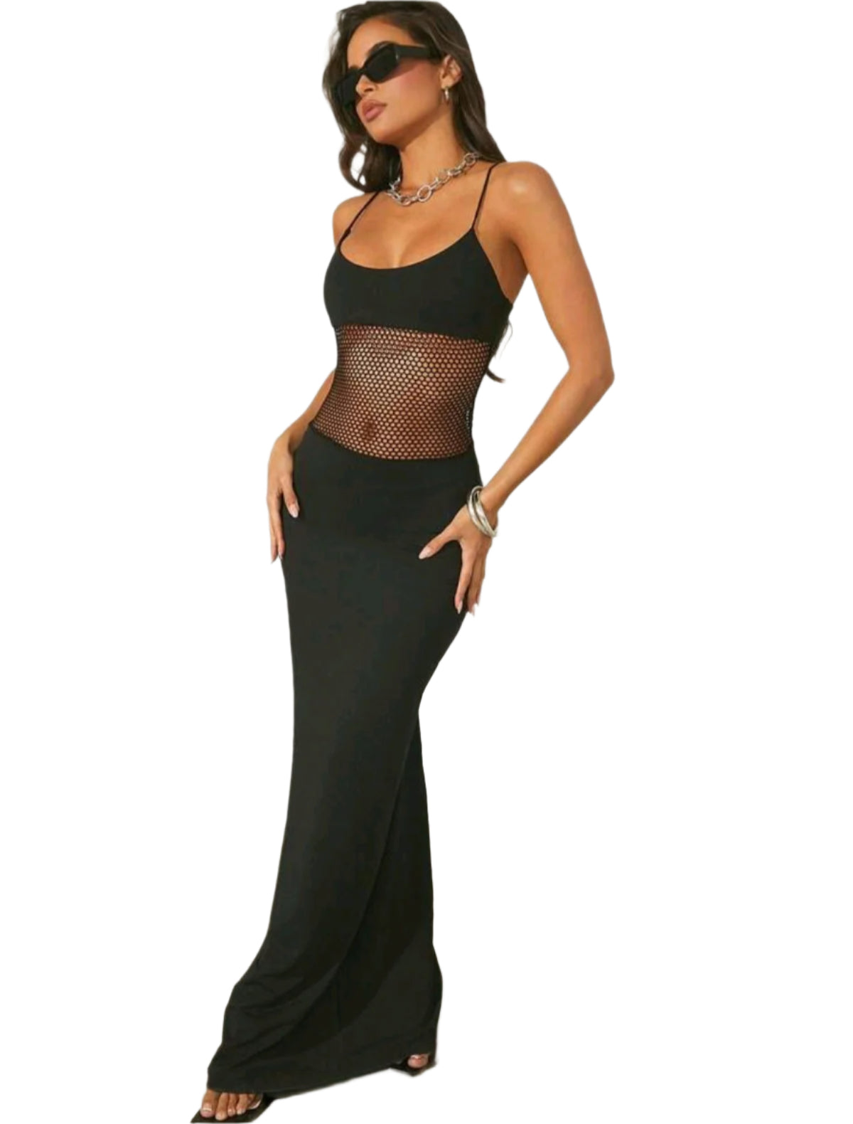 SHE fekete hálós betétes maxi ruha