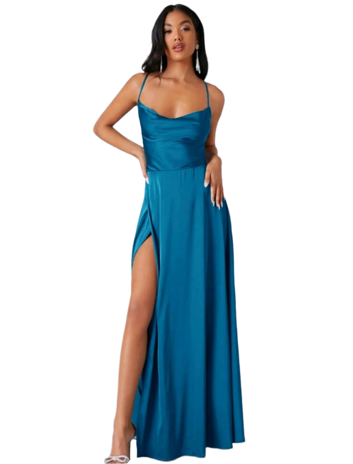 SHE kék szatén hatású elegáns maxi ruha