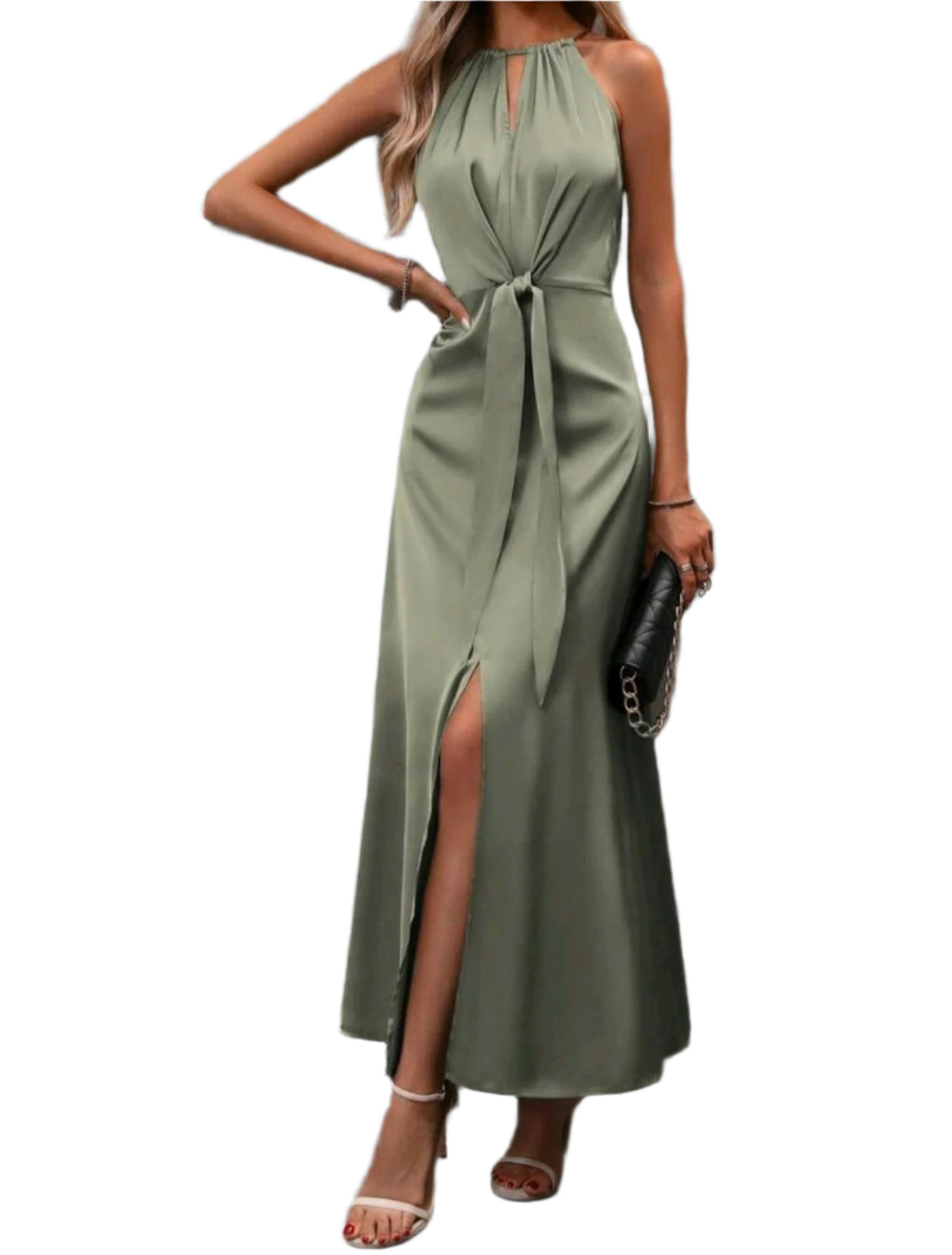 SHE olívazöld megkötős ujjatlan midiruha