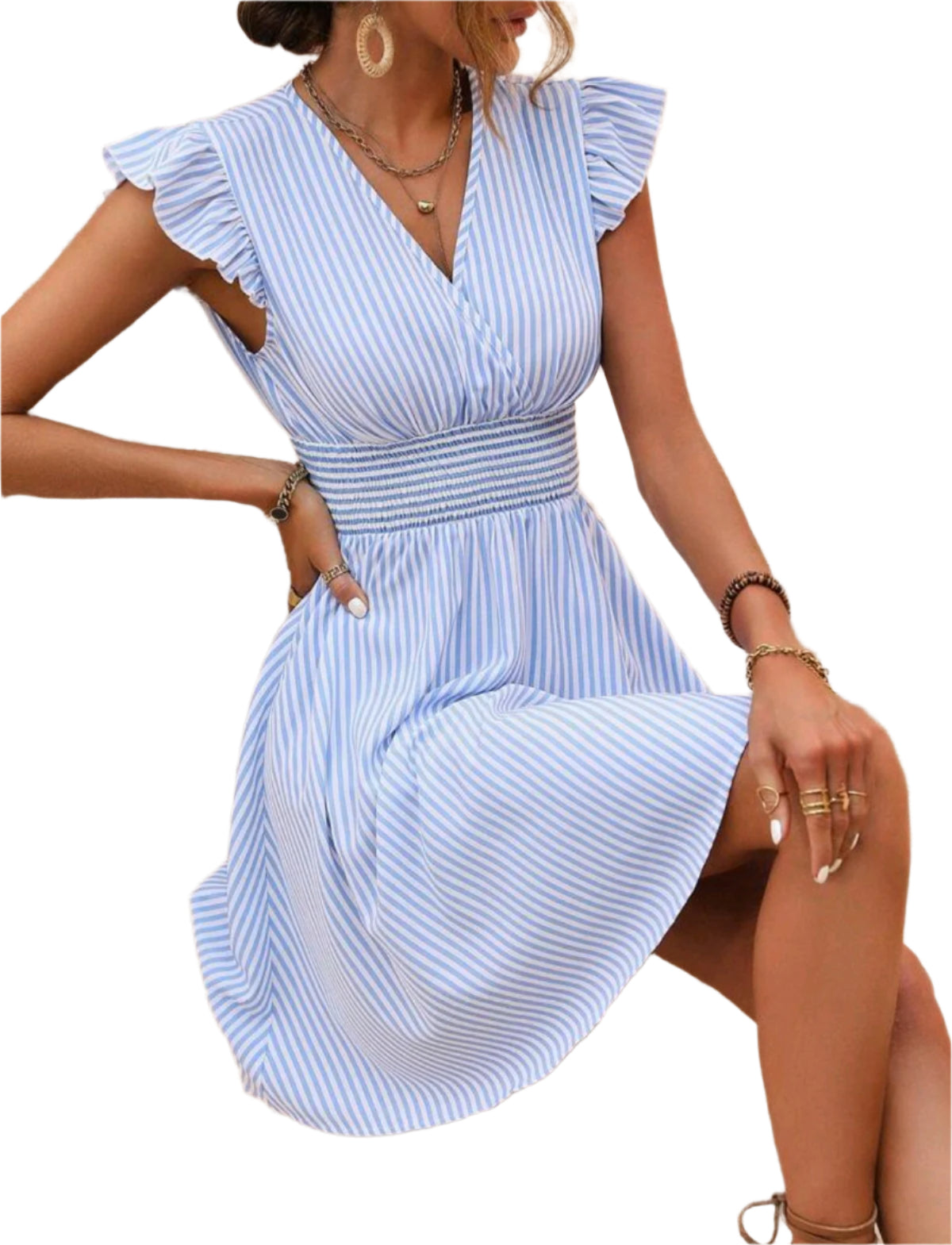 SHE világoskék csíkos fodros nyári ruha